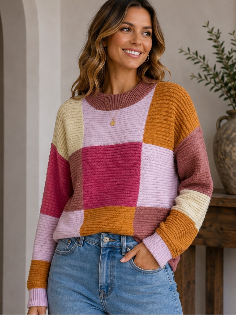 BiBi Patchwork Color-block Ribbed Knit Crew Sweater - Pink, Fuchsia & Mustard